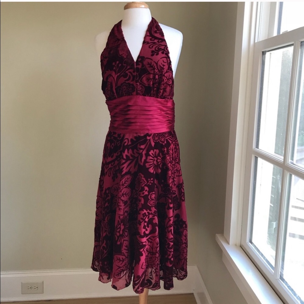 Red velvet burnout halter dress